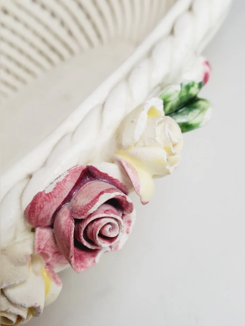 Vintage Italian Ceramic Floral Lattice Cottagecore Basket